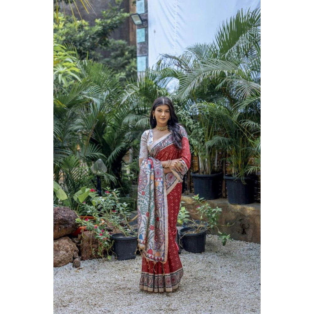Women's Faux_Tussar Geometric_Print Saree With Unstitched Blouse 5.5Mtr (Red)