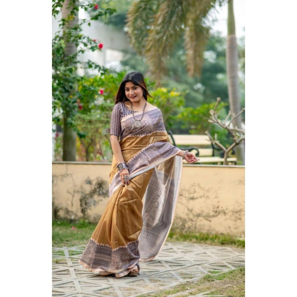 Women's Faux_Tussar Geometric_Print Saree With Unstitched Blouse 5.5Mtr (Mustard)