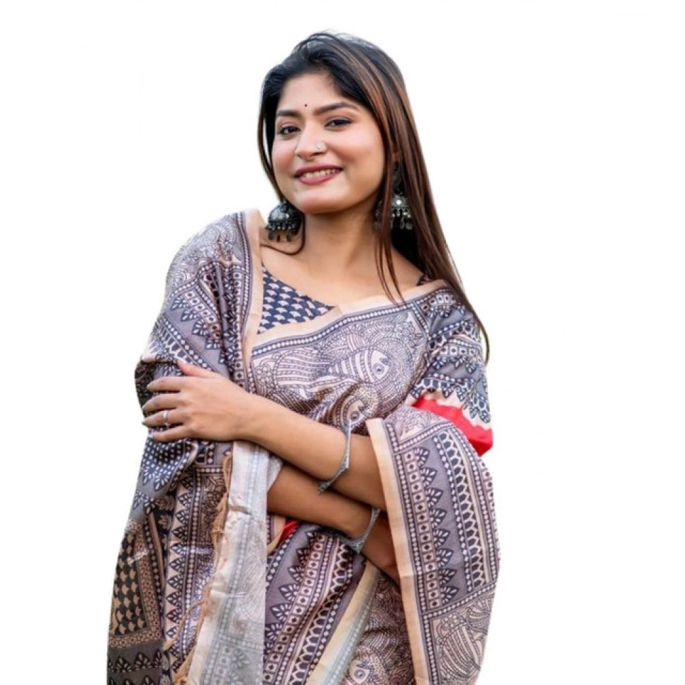 Women's Faux_Tussar Geometric_Print Saree With Unstitched Blouse 5.5Mtr (Orange)