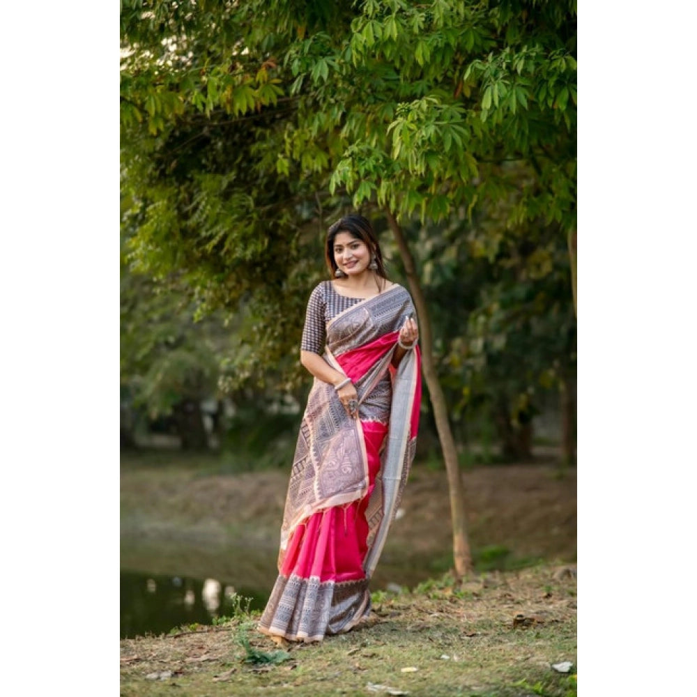 Women's Faux_Tussar Geometric_Print Saree With Unstitched Blouse 5.5Mtr (Pink)