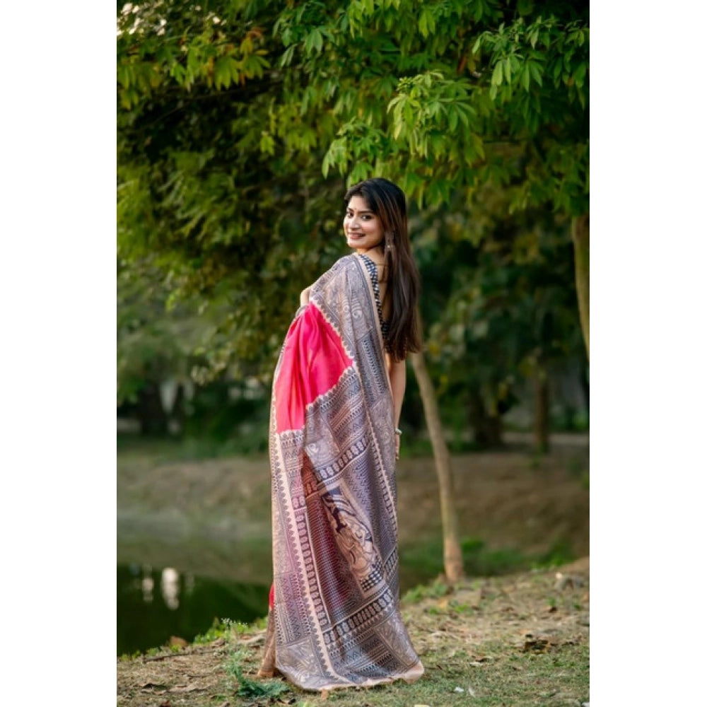 Women's Faux_Tussar Geometric_Print Saree With Unstitched Blouse 5.5Mtr (Pink)