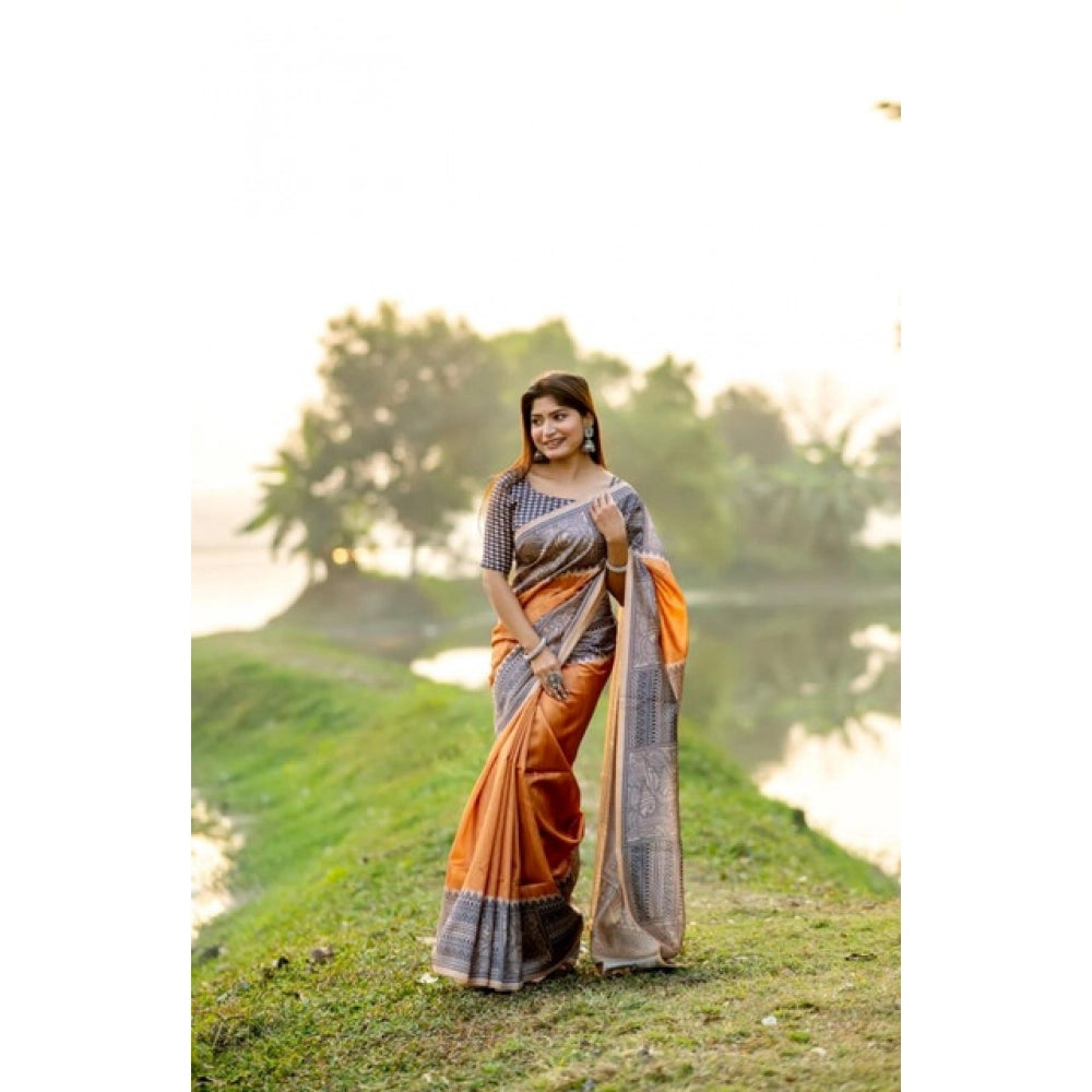 Women's Faux_Tussar Geometric_Print Saree With Unstitched Blouse 5.5Mtr (Rust)