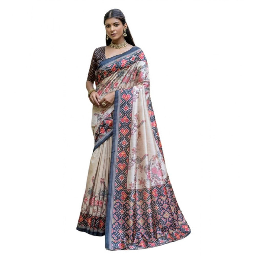 Women's Faux_Tussar Floral Jal With Patola Print Saree With Unstitched Blouse 5.5Mtr (Black)