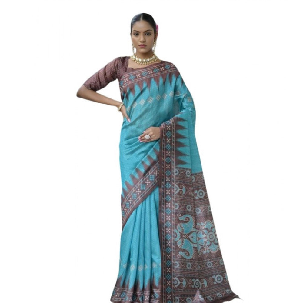 Women's Faux_Tussar Ikat Saree With Unstitched Blouse 5.5Mtr (Aqua_Blue)