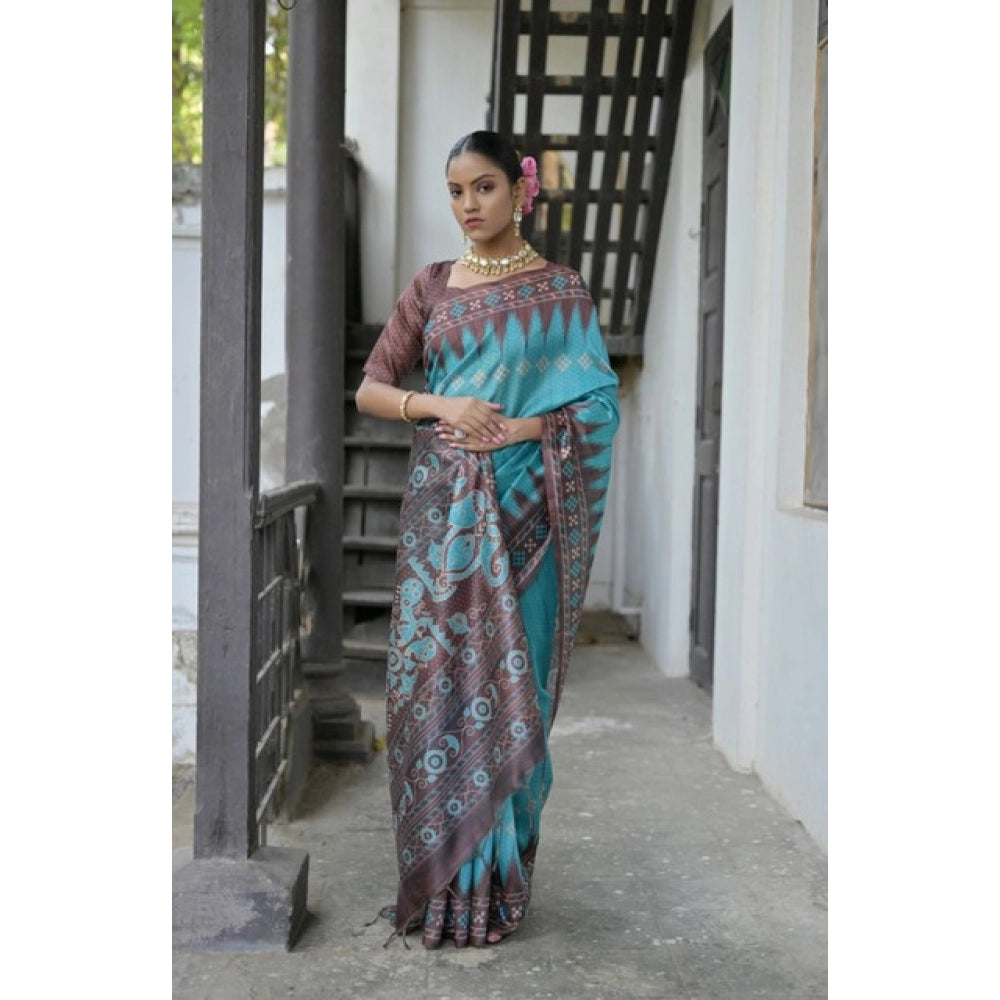 Women's Faux_Tussar Ikat Saree With Unstitched Blouse 5.5Mtr (Aqua_Blue)
