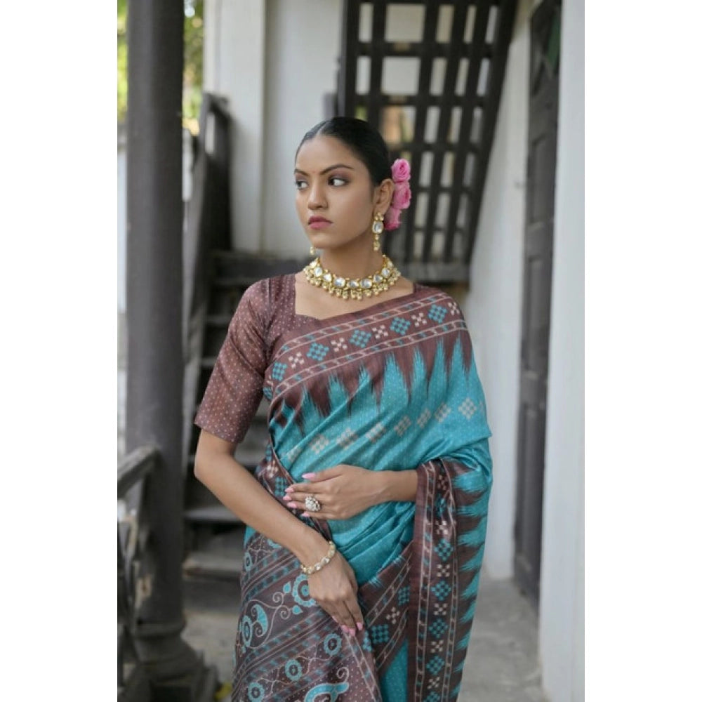 Women's Faux_Tussar Ikat Saree With Unstitched Blouse 5.5Mtr (Aqua_Blue)