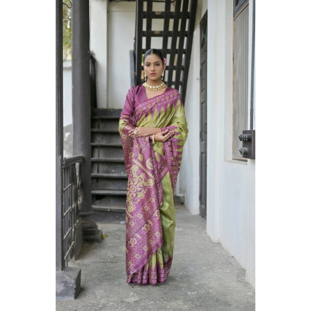 Women's Faux_Tussar Ikat Saree With Unstitched Blouse 5.5Mtr (Green)