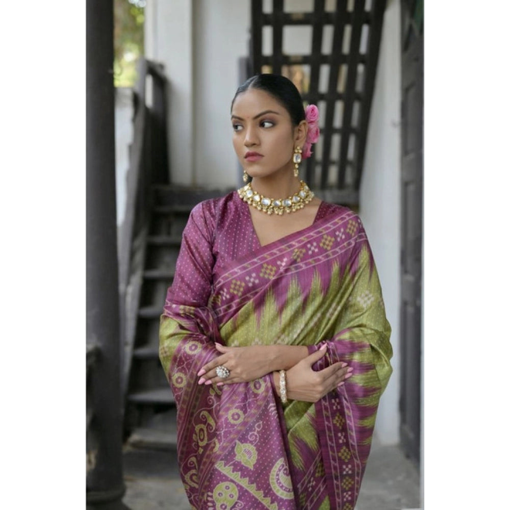 Women's Faux_Tussar Ikat Saree With Unstitched Blouse 5.5Mtr (Green)