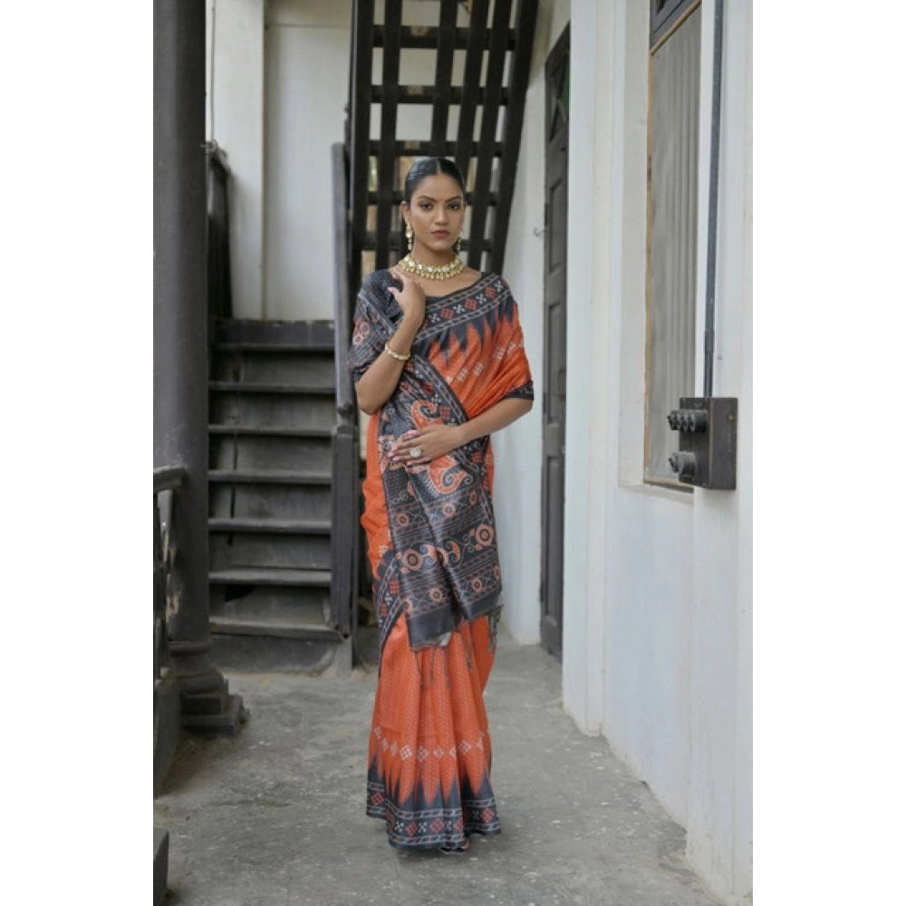 Women's Faux_Tussar Ikat Saree With Unstitched Blouse 5.5Mtr (Orange)
