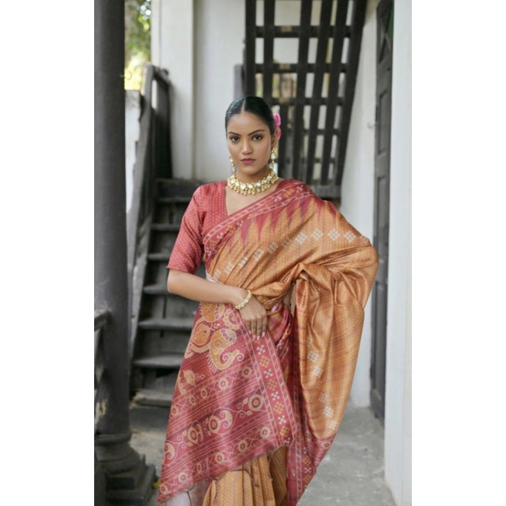 Women's Faux_Tussar Ikat Saree With Unstitched Blouse 5.5Mtr (Rust)