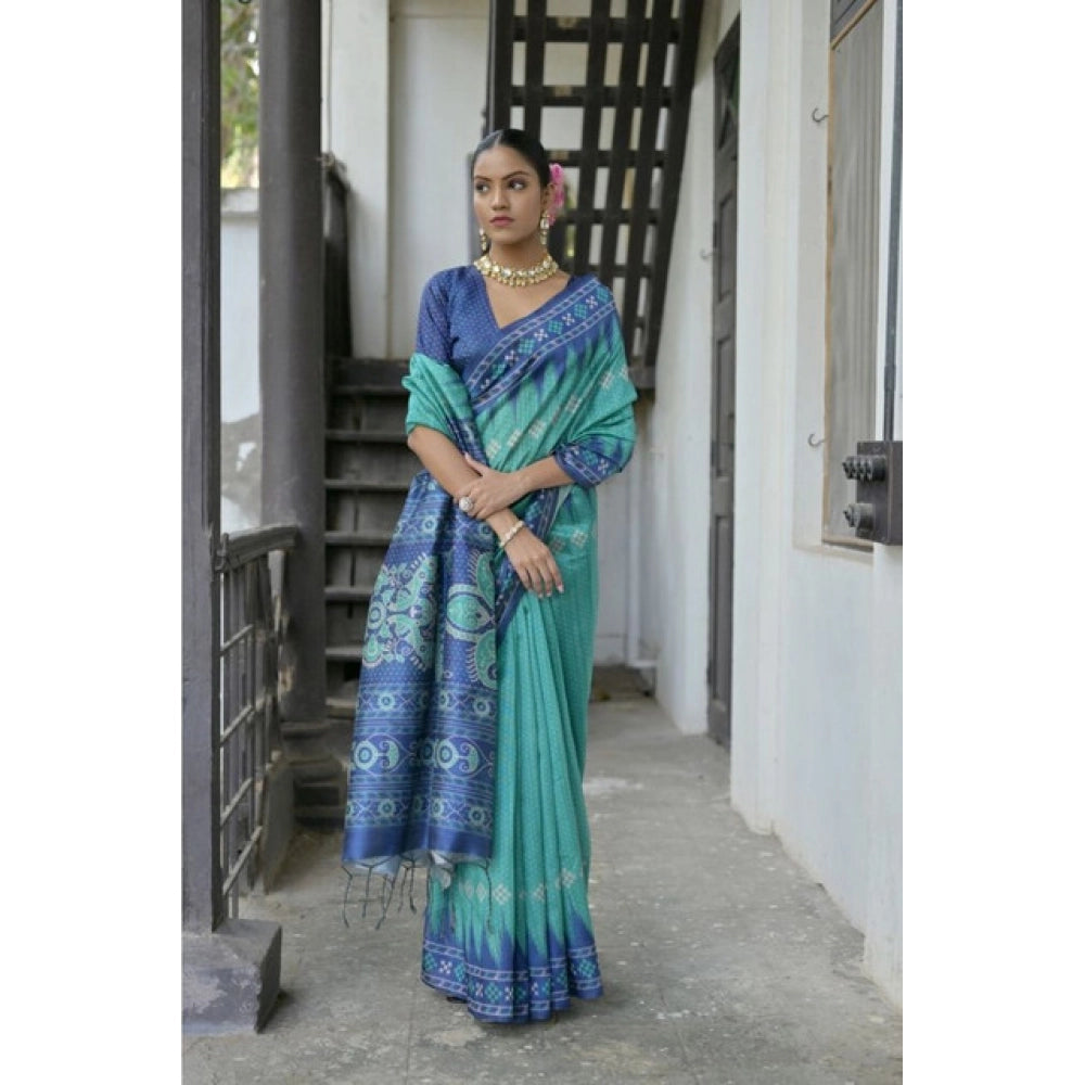 Women's Faux_Tussar Ikat Saree With Unstitched Blouse 5.5Mtr (Sea_Green)