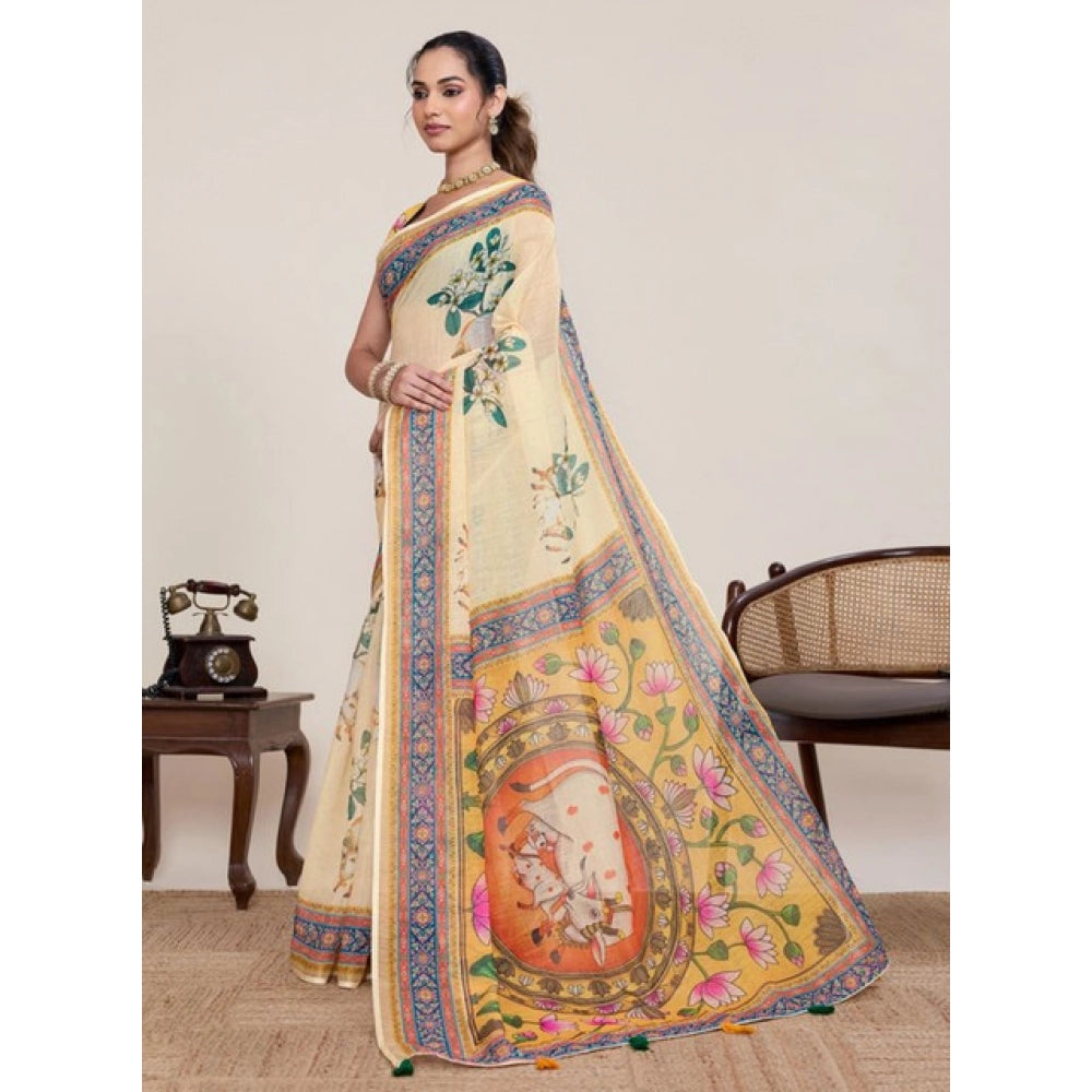 Women's Linen Floral Printed Saree With Unstitched Blouse 5.5Mtr (Beige)