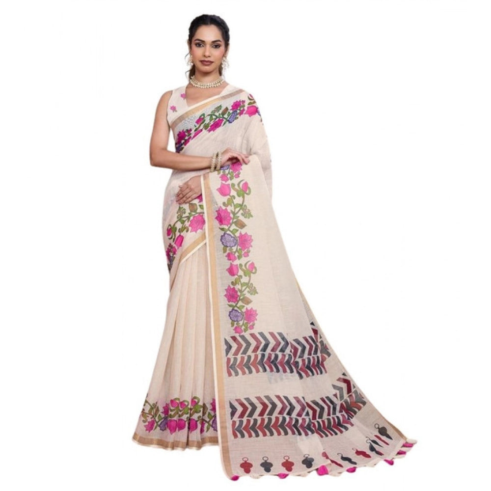 Women's Linen Floral Printed Saree With Unstitched Blouse 5.5Mtr (Cream)