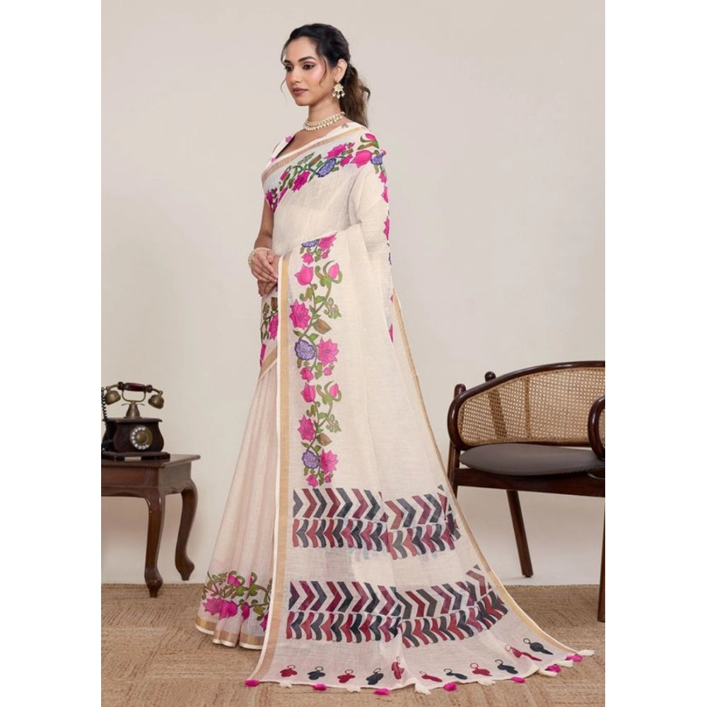 Women's Linen Floral Printed Saree With Unstitched Blouse 5.5Mtr (Cream)