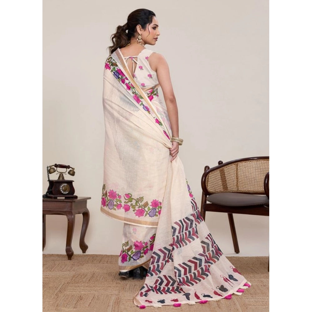 Women's Linen Floral Printed Saree With Unstitched Blouse 5.5Mtr (Cream)