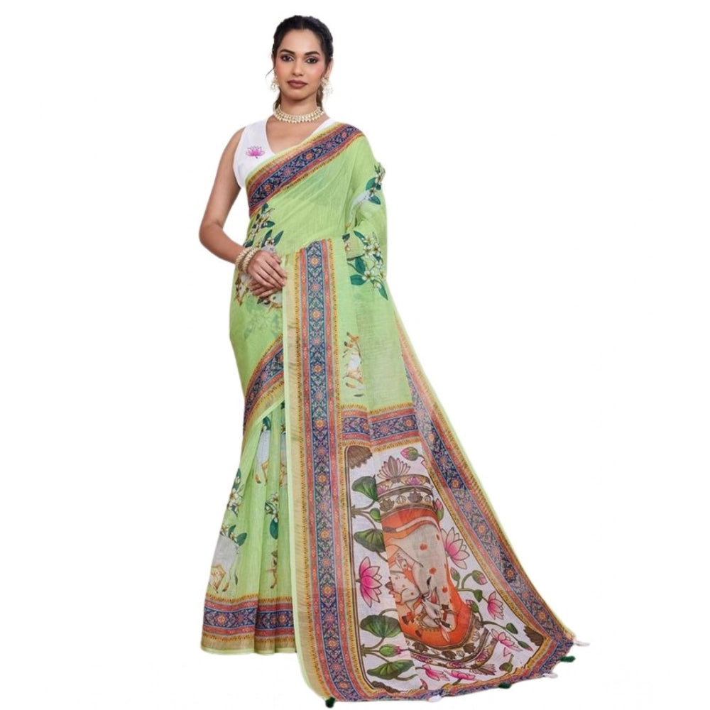 Women's Linen Floral Printed Saree With Unstitched Blouse 5.5Mtr (Light Green)