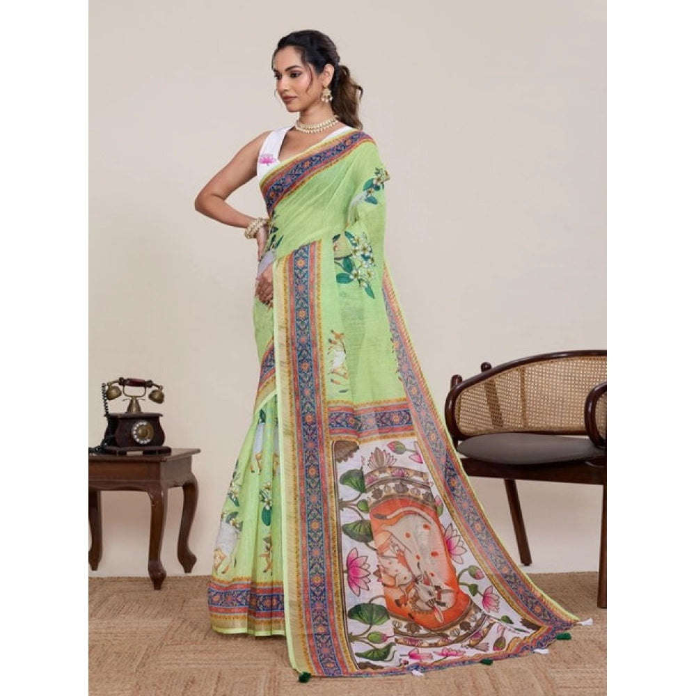 Women's Linen Floral Printed Saree With Unstitched Blouse 5.5Mtr (Light Green)