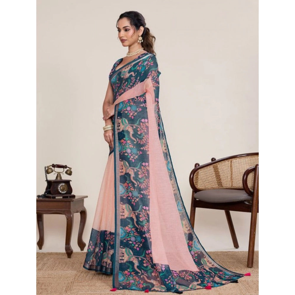 Women's Linen Floral Printed Saree With Unstitched Blouse 5.5Mtr (Peach Pink)