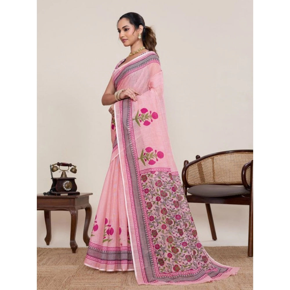 Women's Linen Floral Printed Saree With Unstitched Blouse 5.5Mtr (Pink)