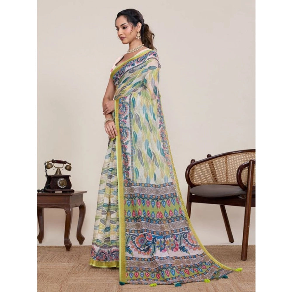 Women's Linen Floral Printed Saree With Unstitched Blouse 5.5Mtr (Pista Green)