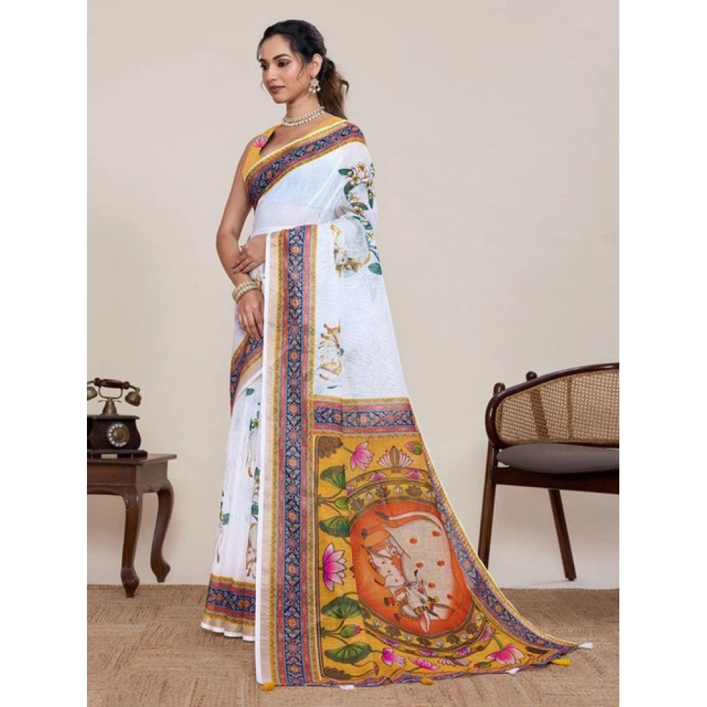 Women's Linen Floral Printed Saree With Unstitched Blouse 5.5Mtr (White)