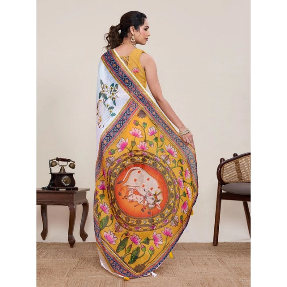 Women's Linen Floral Printed Saree With Unstitched Blouse 5.5Mtr (White)