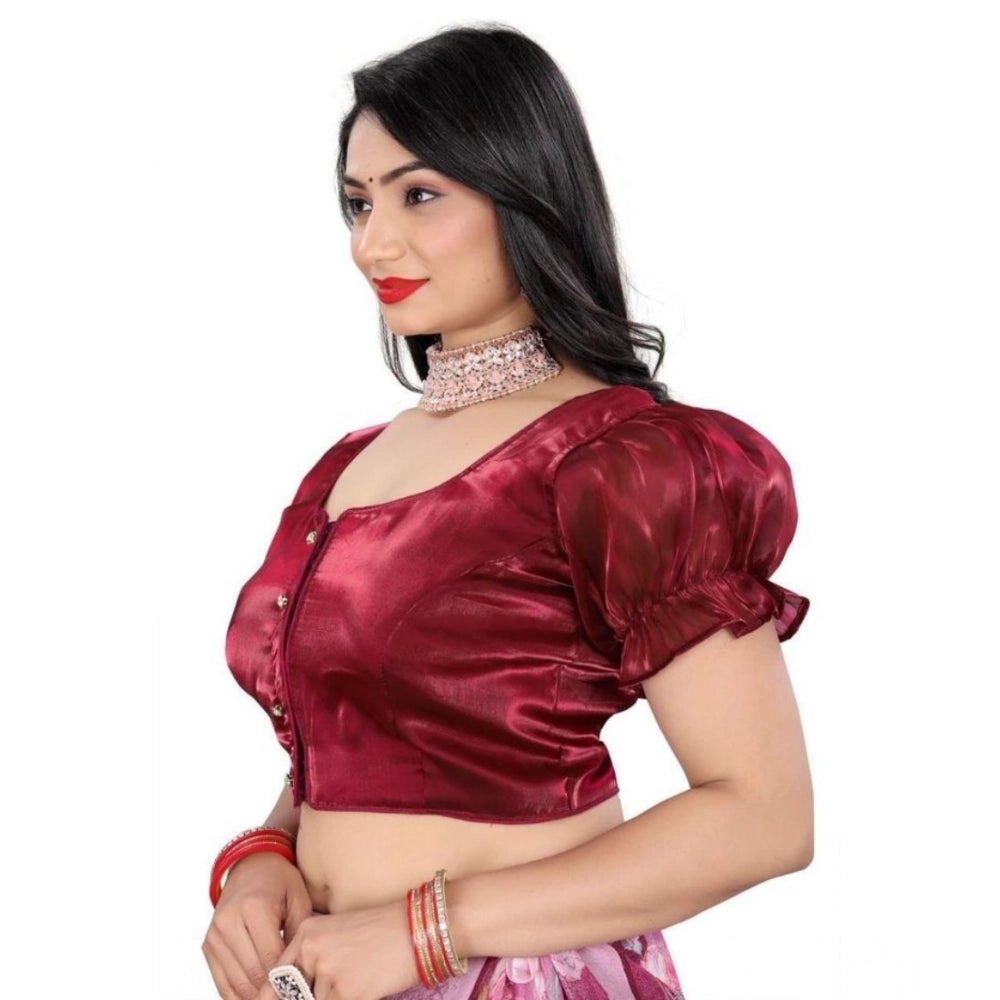Women's Jimmy Solid Designer Neck Elastic Sleeve Readymade Blouse (Maroon 38 , Alterable up to 42)-PID65831