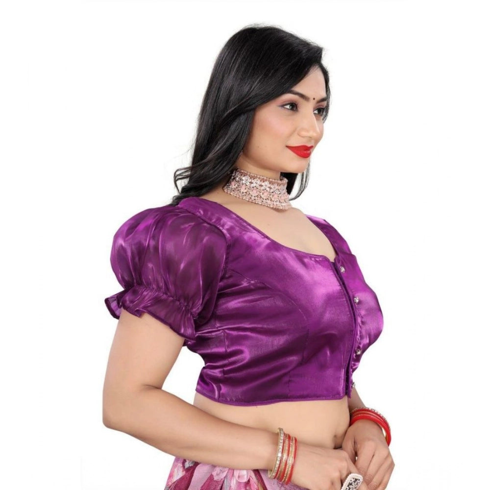Women's Jimmy Solid Designer Neck Elastic Sleeve Readymade Blouse (Purple 38 , Alterable up to 42)-PID65833
