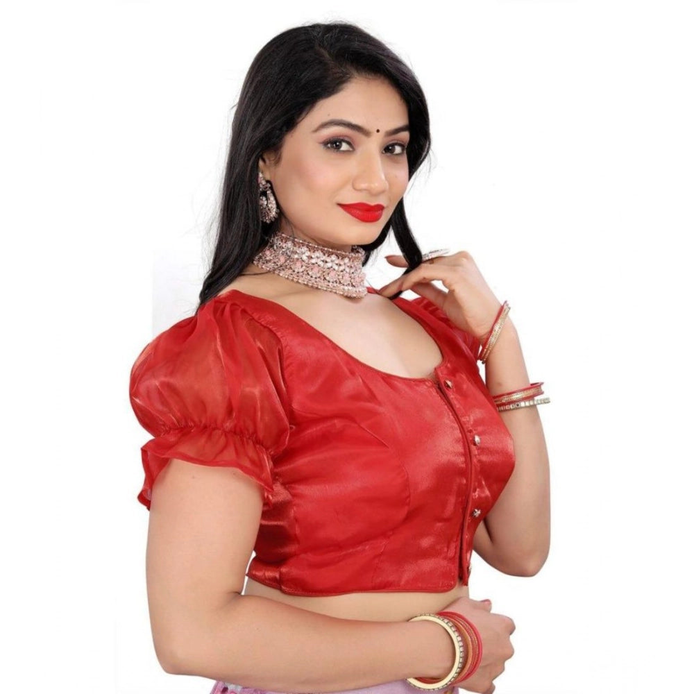 Women's Jimmy Solid Designer Neck Elastic Sleeve Readymade Blouse (Red 38 , Alterable up to 42)-PID65834