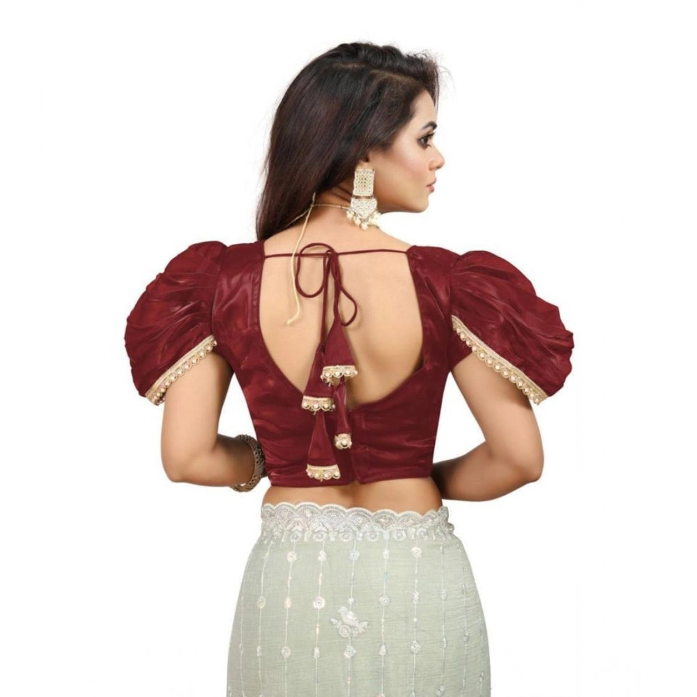 Women's Jimmy Solid V Neck Puff Sleeve Readymade Blouse (Maroon 38 , Alterable up to 42)-PID65840