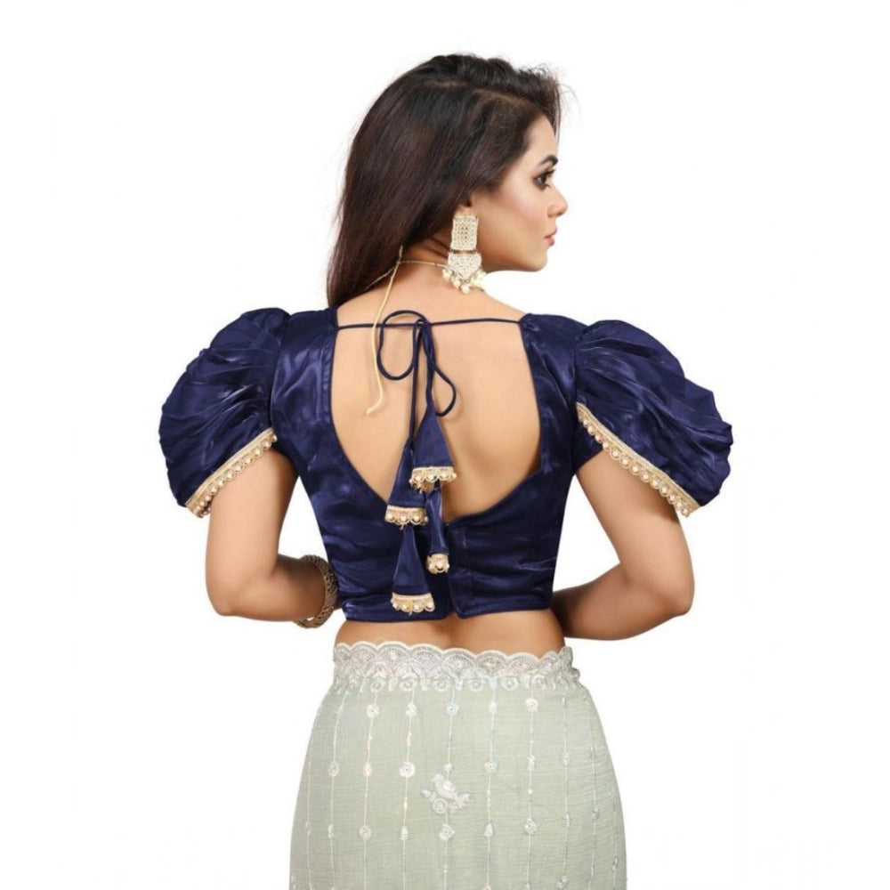 Women's Jimmy Solid V Neck Puff Sleeve Readymade Blouse (Navy 38 , Alterable up to 42)-PID65841