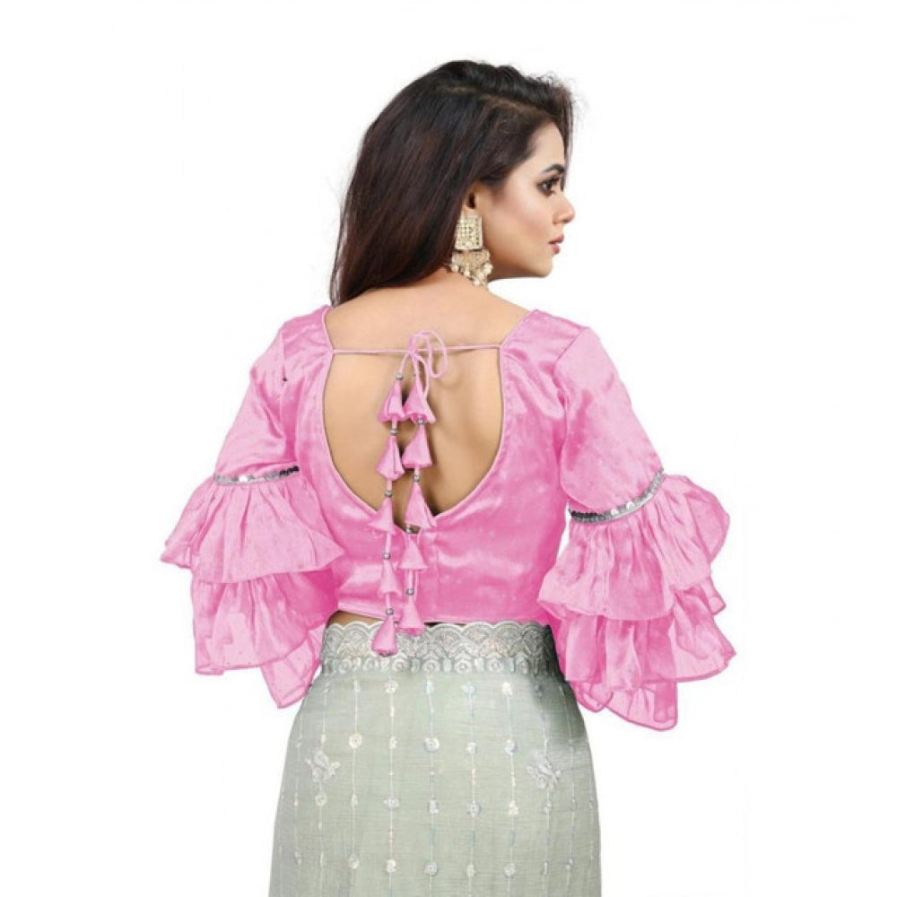 Women's Organza Solid V Neck Layered Ruffle Sleeve Readymade Blouse (Light_Pink Free Size , up to 38–40 Bust)-PID65846