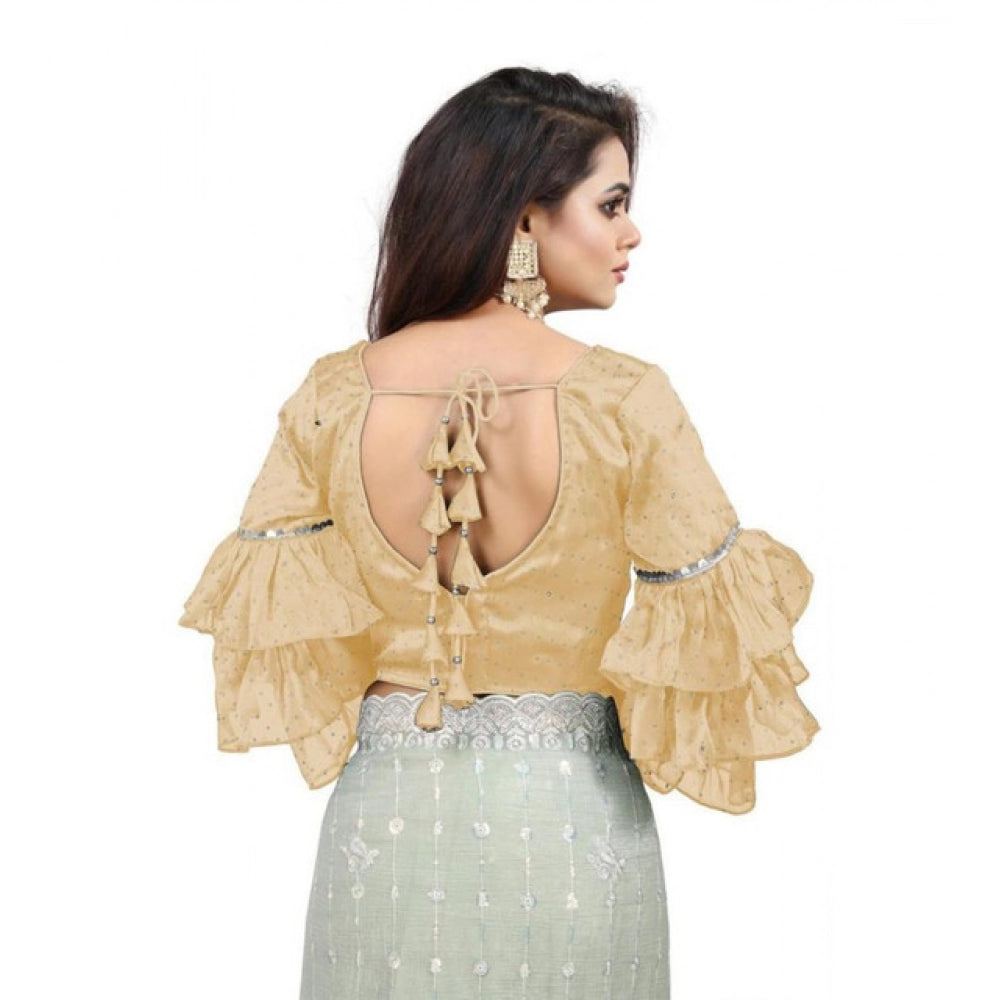 Women's Organza Solid V Neck Layered Ruffle Sleeve Readymade Blouse (Beige Free Size , up to 38–40 Bust)-PID65847