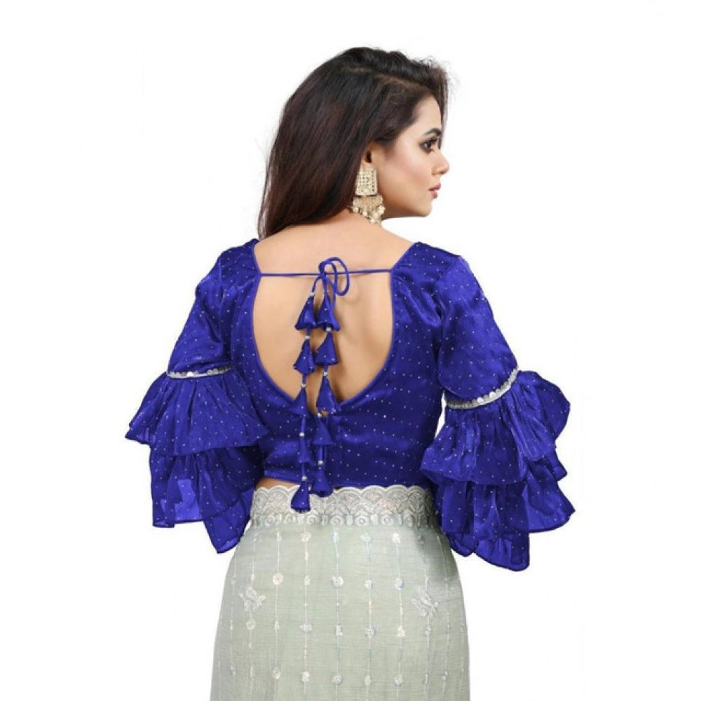 Women's Organza Solid V Neck Layered Ruffle Sleeve Readymade Blouse (Blue Free Size , up to 38–40 Bust)-PID65849