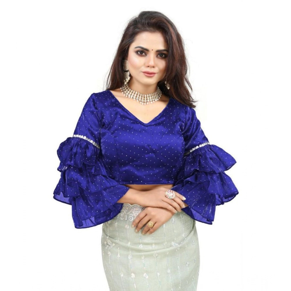Women's Organza Solid V Neck Layered Ruffle Sleeve Readymade Blouse (Blue Free Size , up to 38–40 Bust)-PID65849