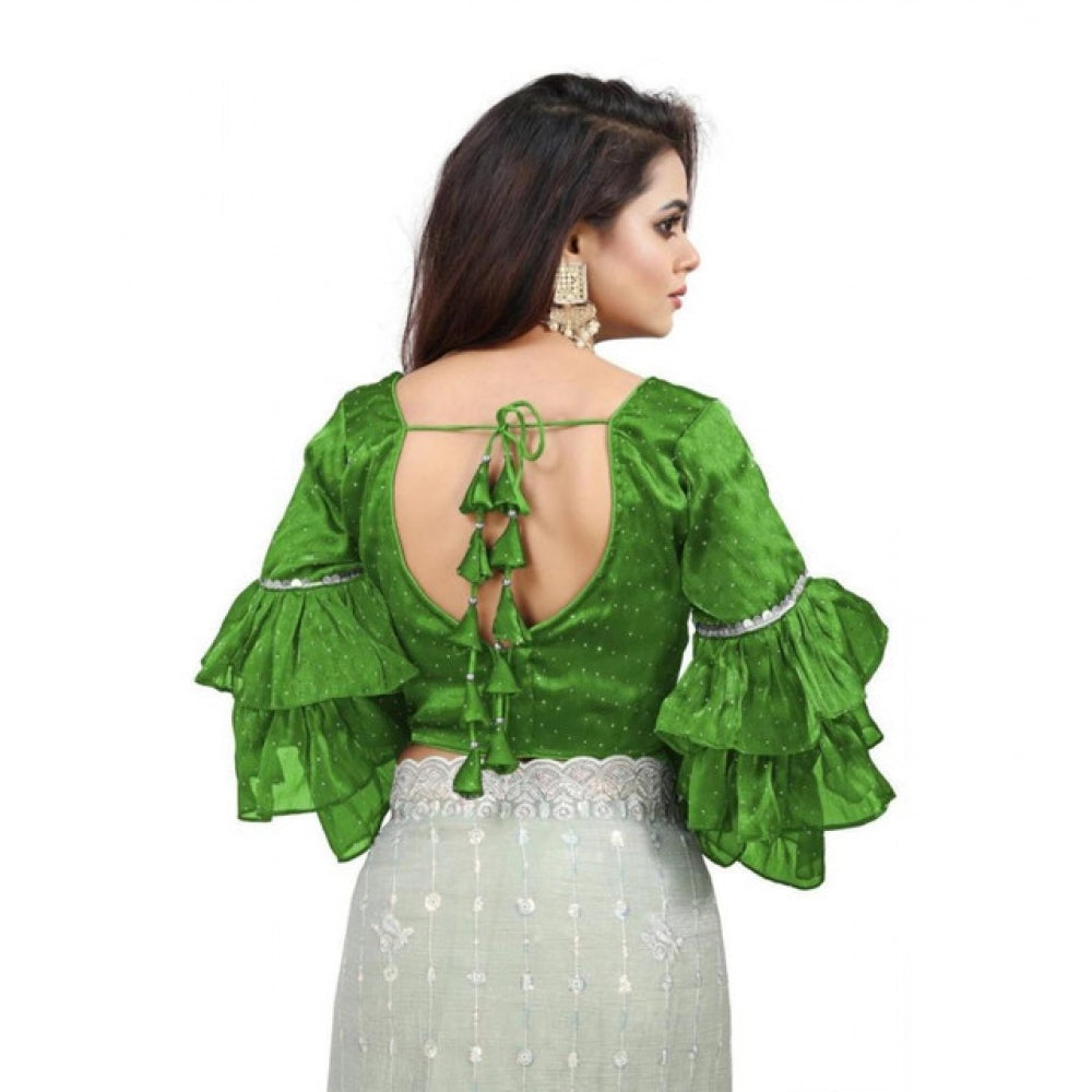 Women's Organza Solid V Neck Layered Ruffle Sleeve Readymade Blouse (Light Green Free Size , up to 38–40 Bust)-PID65852