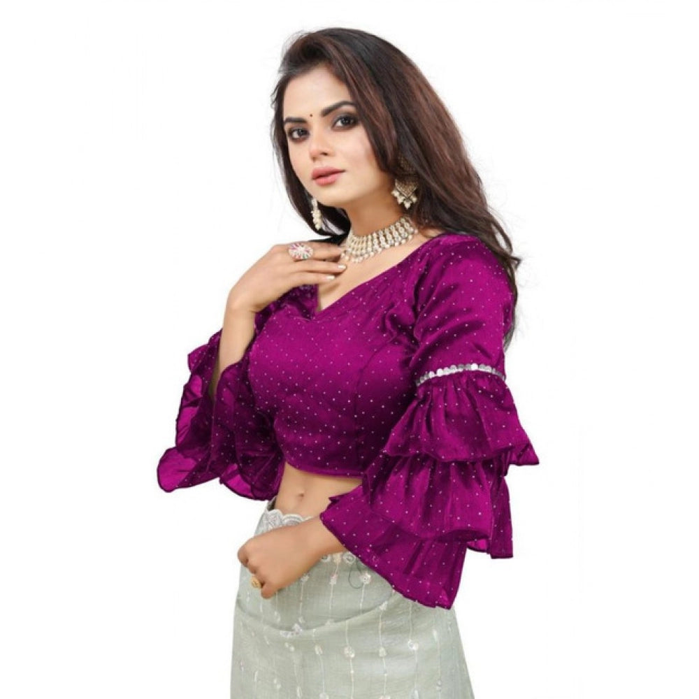 Women's Organza Solid V Neck Layered Ruffle Sleeve Readymade Blouse (Magenta Free Size , up to 38–40 Bust)-PID65853