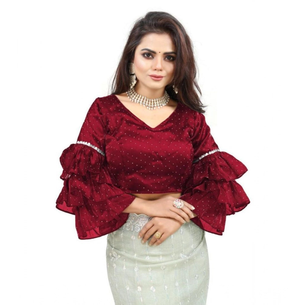 Women's Organza Solid V Neck Layered Ruffle Sleeve Readymade Blouse (Maroon Free Size , up to 38–40 Bust)-PID65854