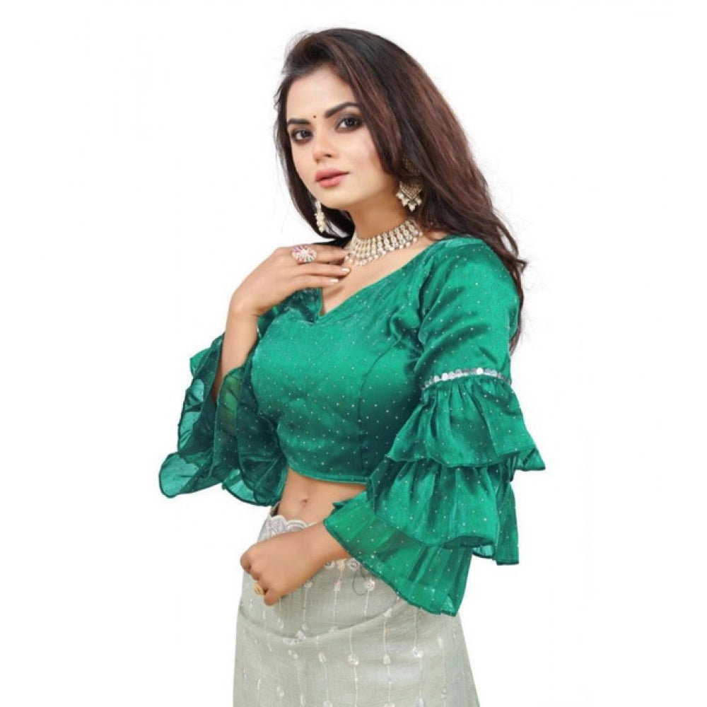 Women's Organza Solid V Neck Layered Ruffle Sleeve Readymade Blouse (Rama Free Size , up to 38–40 Bust)-PID65857