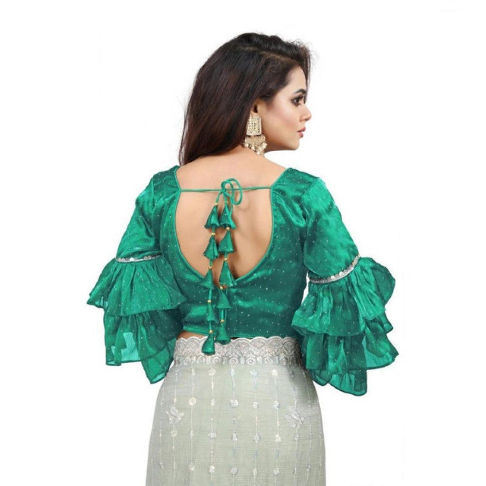 Women's Organza Solid V Neck Layered Ruffle Sleeve Readymade Blouse (Rama Free Size , up to 38–40 Bust)-PID65857