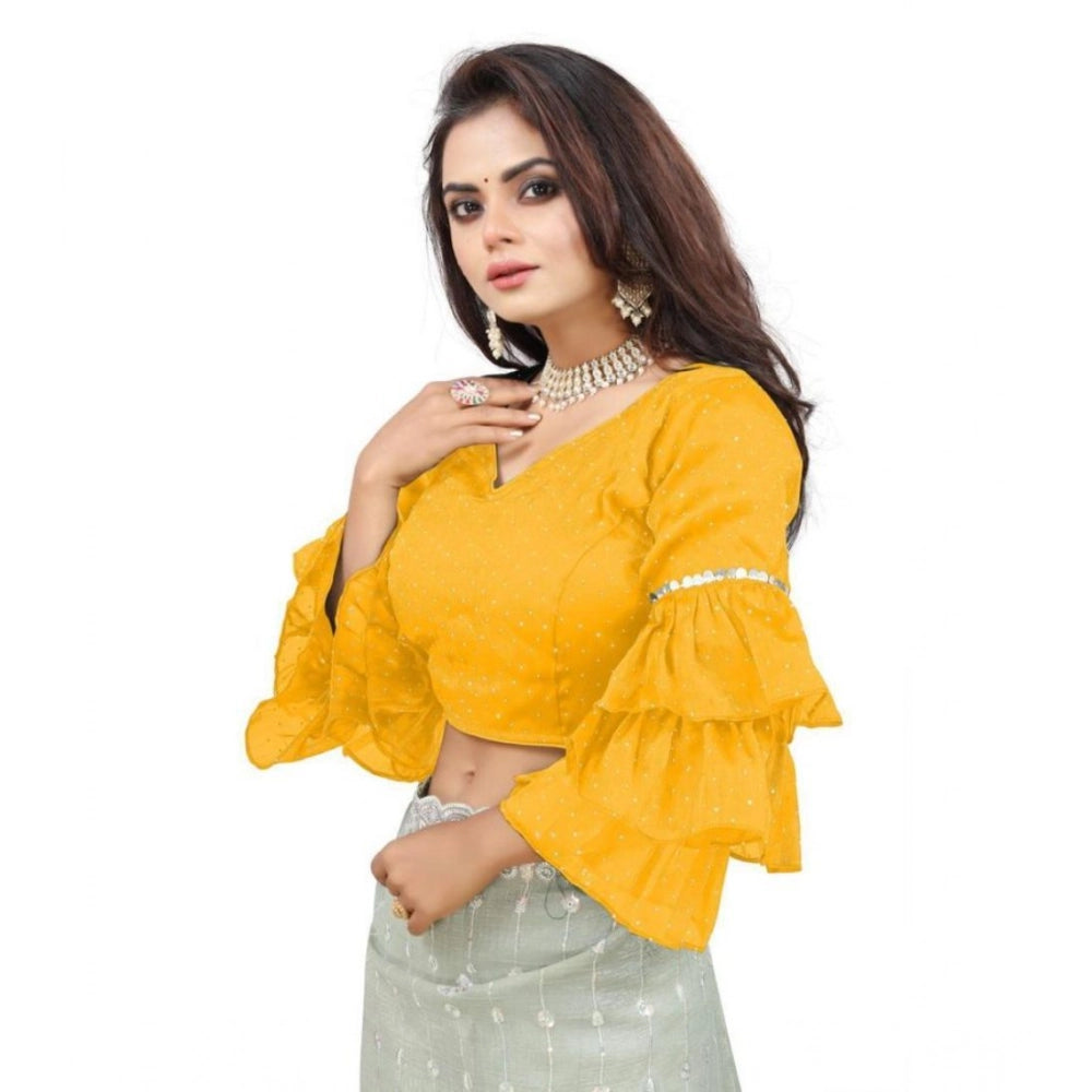 Women's Organza Solid V Neck Layered Ruffle Sleeve Readymade Blouse (Yellow Free Size , up to 38–40 Bust)-PID65860