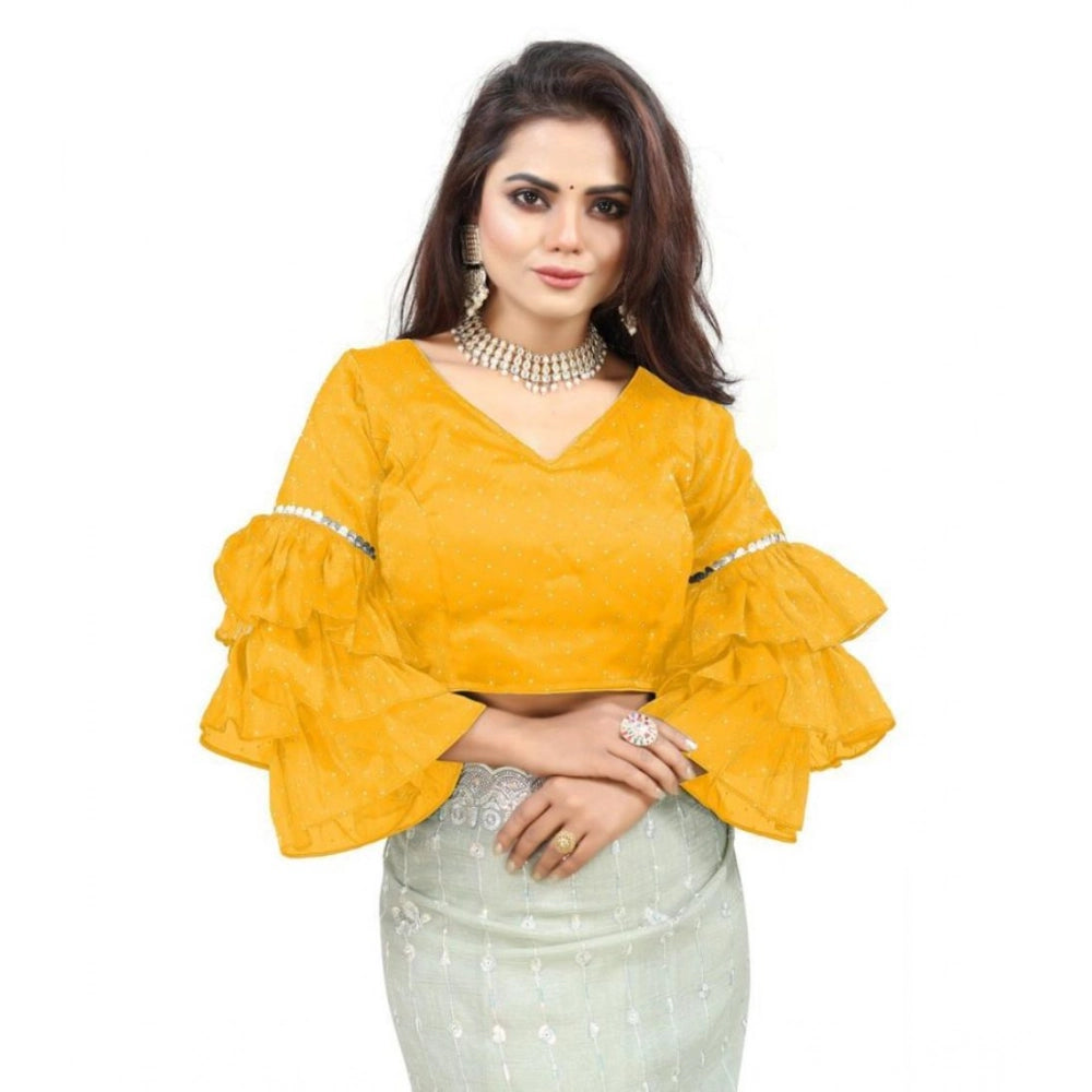 Women's Organza Solid V Neck Layered Ruffle Sleeve Readymade Blouse (Yellow Free Size , up to 38–40 Bust)-PID65860