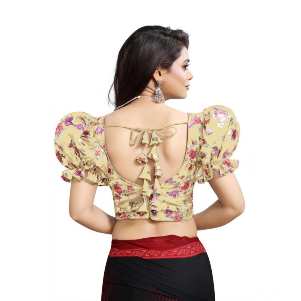 Women's Organza Printed V Neck Puff Sleeve Readymade Blouse (Beige 38 , Alterable up to 42)-PID65861