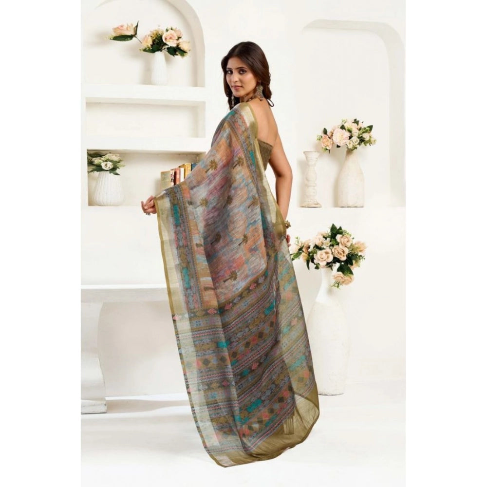 Women's Faux Linen Printed Ready to wear Saree With Unstitched Blouse 5.5Mtr (Multicolor)