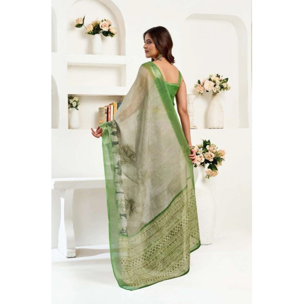 Women's Faux Linen Printed Ready to wear Saree With Unstitched Blouse 5.5Mtr (Light_Green)