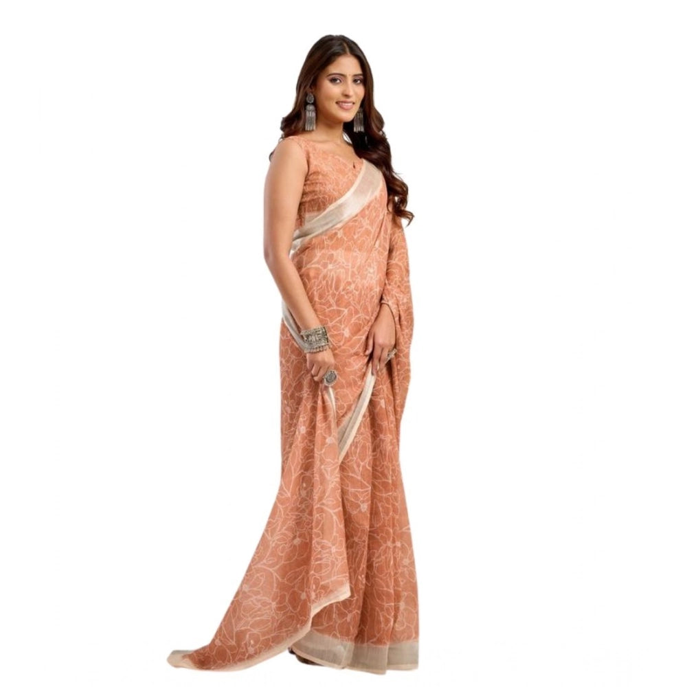 Women's Faux Linen Floral Print Ready to wear Saree With Unstitched Blouse 5.5Mtr (Peach)