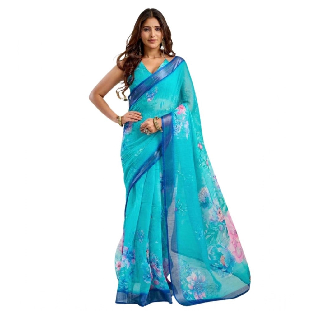 Women's Faux Linen Floral Print Ready to wear Saree With Unstitched Blouse 5.5Mtr (Light_AquaBlue)