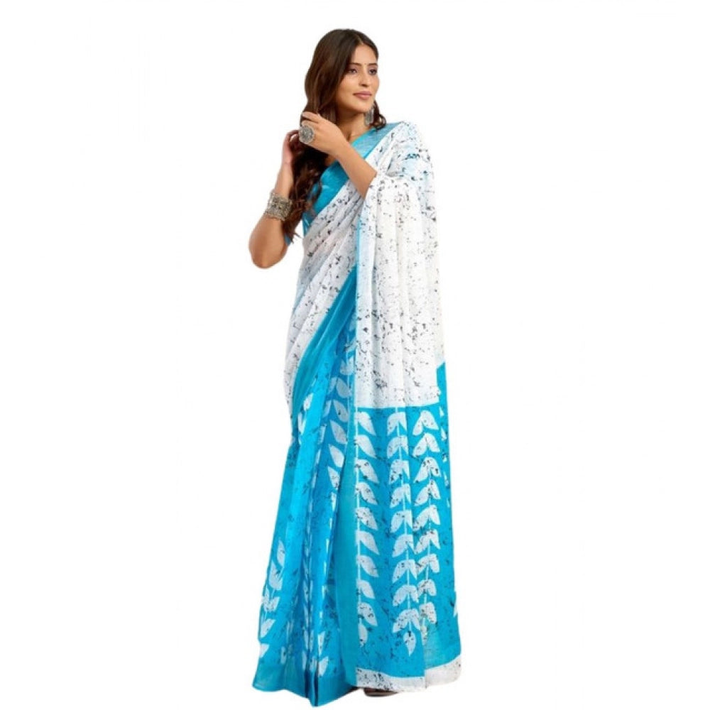 Women's Faux Linen Leaf Print Ready to wear Saree With Unstitched Blouse 5.5Mtr (SkyBlue &amp; White)