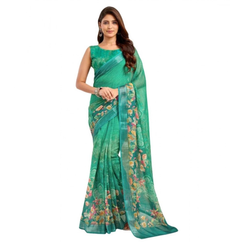 Women's Faux Linen Floral Ready to wear Saree With Unstitched Blouse 5.5Mtr (Green)
