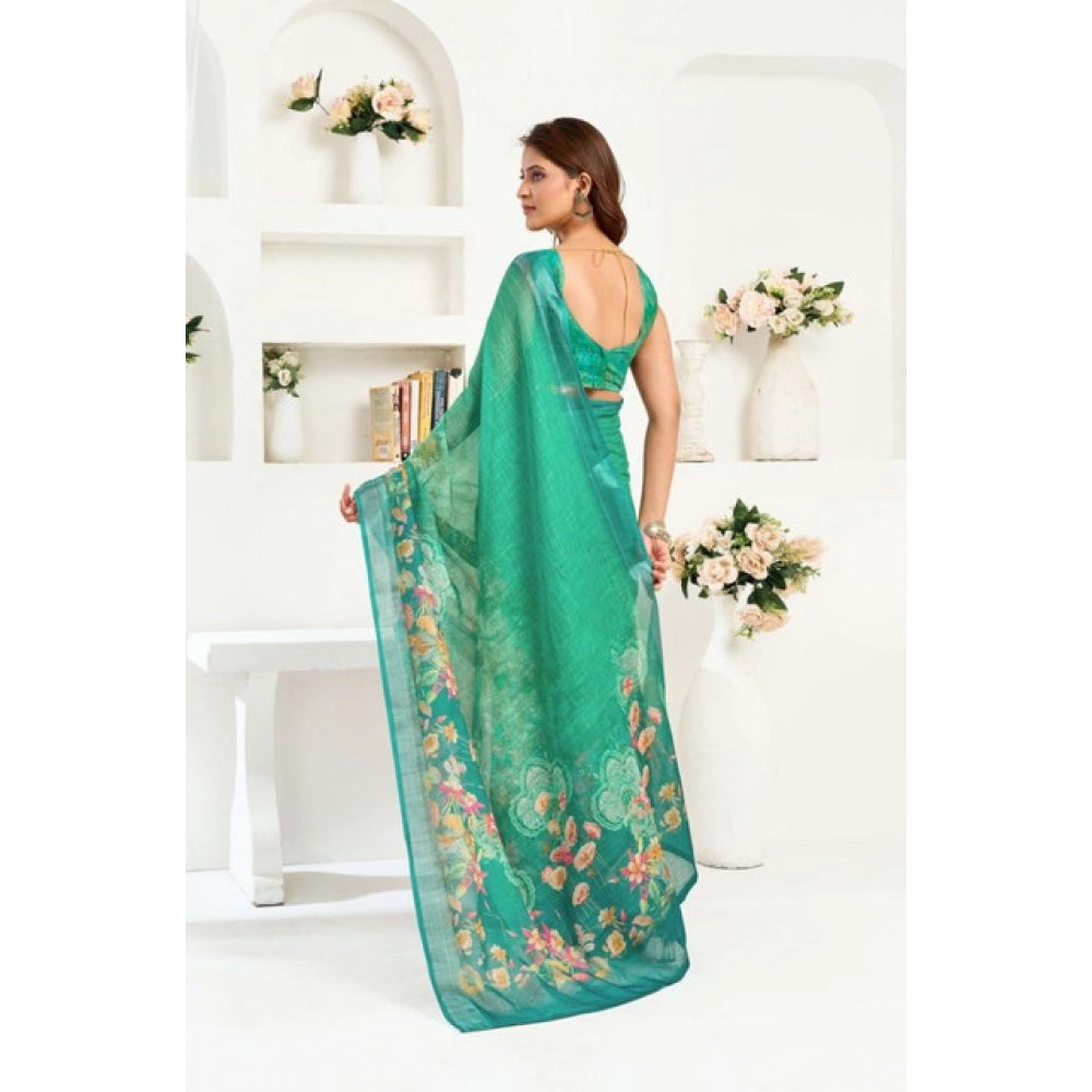Women's Faux Linen Floral Ready to wear Saree With Unstitched Blouse 5.5Mtr (Green)